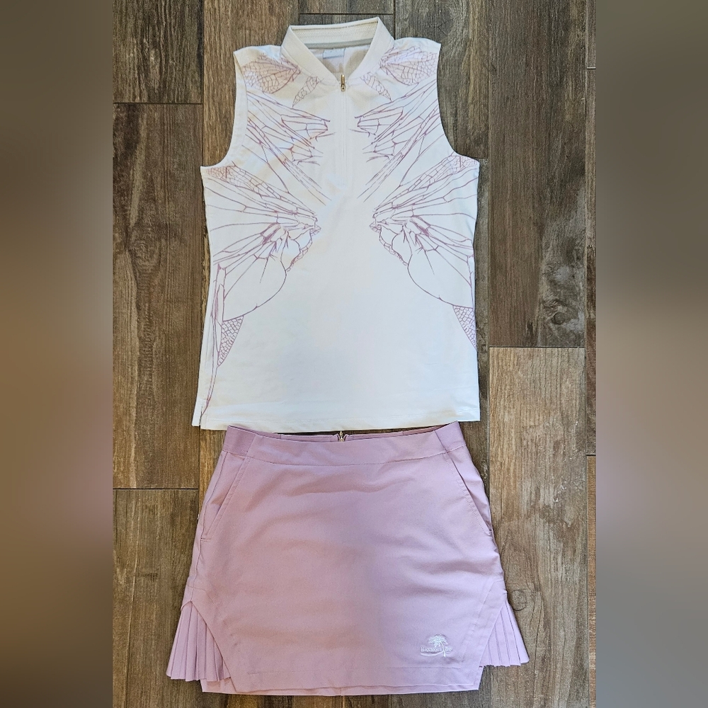 Women's White Sleeveless Golf Top & Light Pink Skort Set